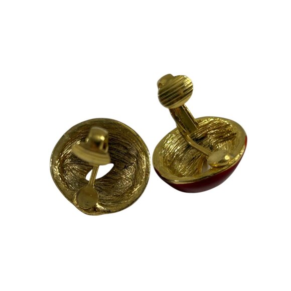 Vintage Red Enamel Clip On Earrings Gold Tone Swirl Knot Design Bold Statement - Picture 5 of 6